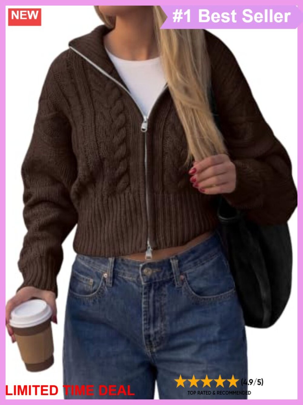 Cable Knit Cropped Zip Up Cardigan Sweater Collared Puff Sleeve